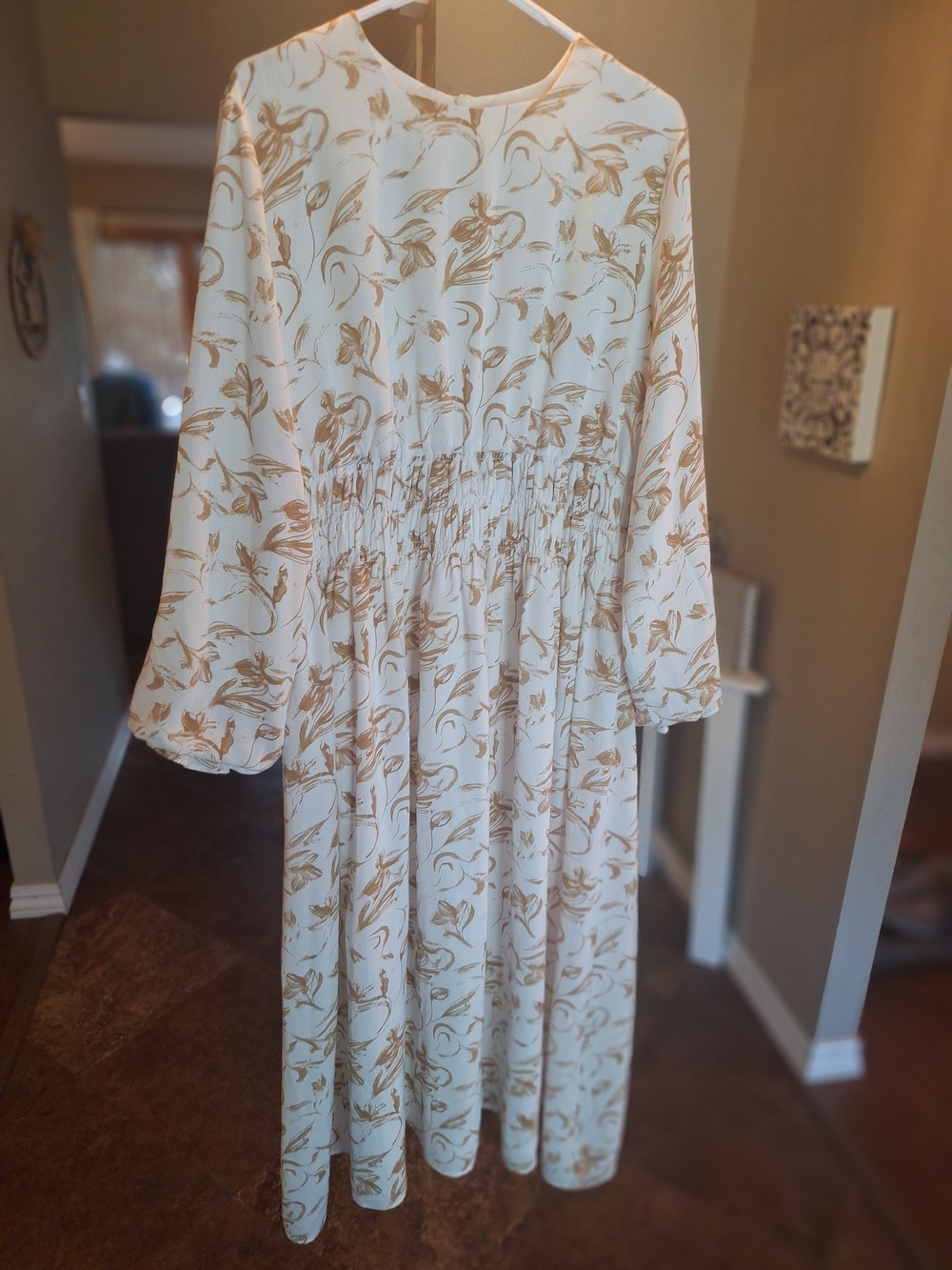 SWEET! Veiled Cream Floral Midi Dress with Smocked Waist XL (Short)